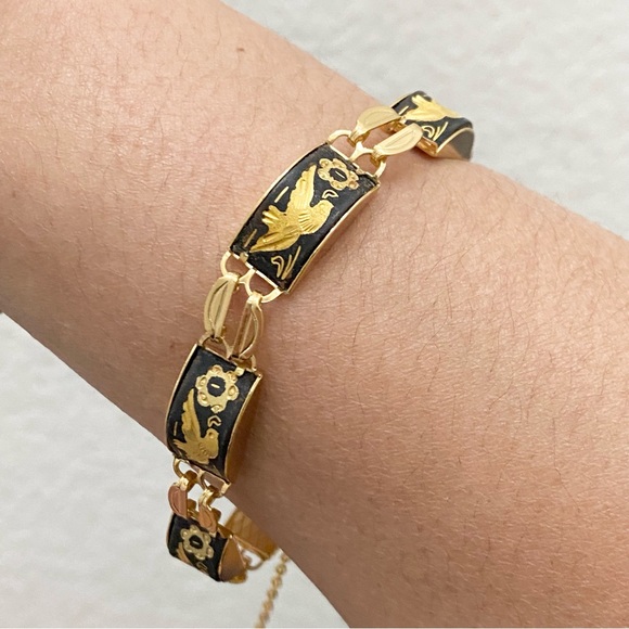 Vintage Damascene Gold-tone Enameled Birds & Flowers Link 8” Bracelet 16.3g - Picture 6 of 15
